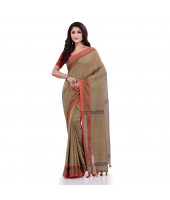 Women`s Traditional Bengali Tant Handloom Cotton Saree Loveria Design With Blouse Piece (Tan Colour)